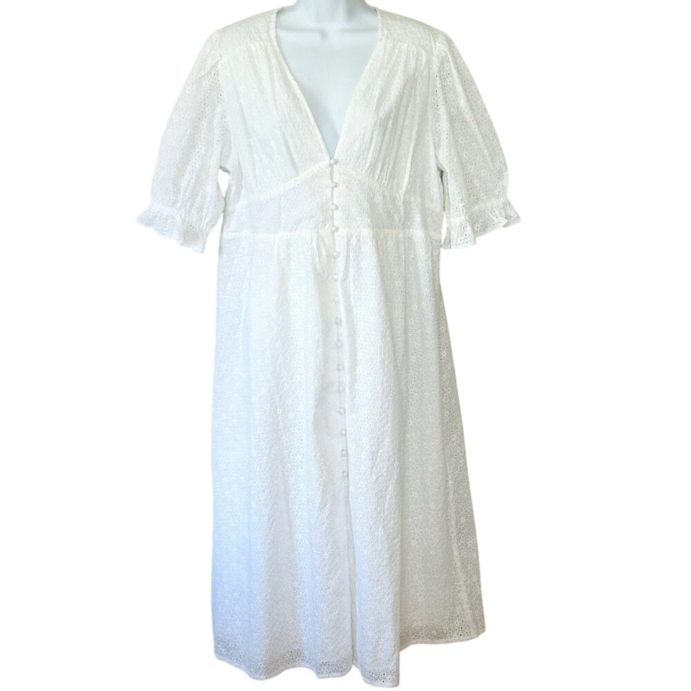 Boden White Eyelet Lace Dress 12P Puff Sleeves Midi Buttons Boho Preppy Beach